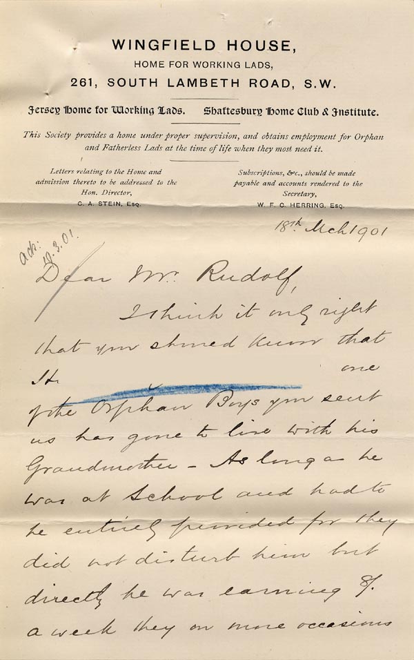 Large size image of Case 6537 16. Letter from Mr C.A. Stein informing the Revd Edward Rudolf that H. had returned to live with his grandmother  18 March 1901
 page 1