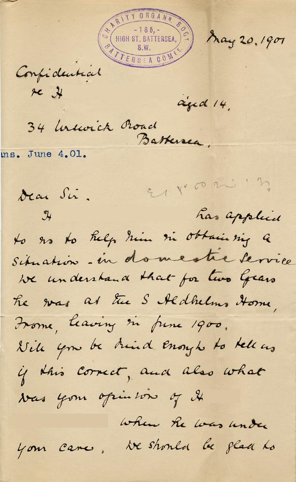 Large size image of Case 6537 17. Letter from the Battersea Committee of the Charity Organisation Society concerning H's application to them to help him find a place in domestic service  20 May 1901
 page 1