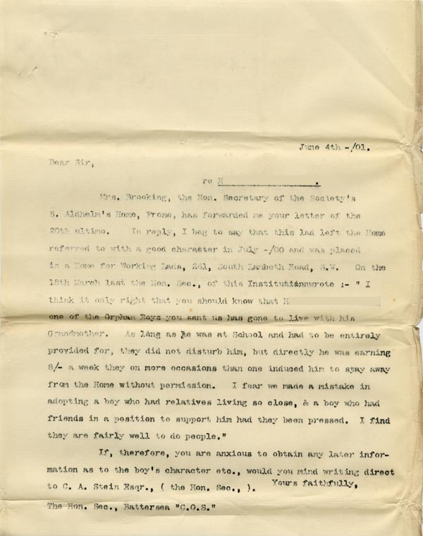 Large size image of Case 6537 18. Copy letter from the Waifs and Strays' Society giving a brief character reference for H. on leaving the Frome Home and referring the Battersea Committee to Wingfield House for a later appraisal of the boy's character  4 June 1901
 page 1