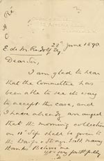 Image of Case 6537 3. Letter from Revd D. about H's acceptance by the Society  28 June 1898
 page 1