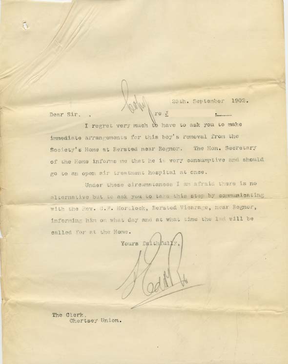 Large size image of Case 8455 10. Copy letter from Revd E. Rudolf to Chertsey Union requesting J's removal  25 September 1902
 page 1