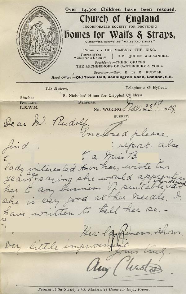 Large size image of Case 8587 11. Letter from St Nicholas' Home enclosing the above report  23 November 1909
 page 1