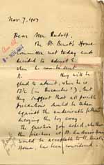 Image of Case 8645 18. Letter from Mr Powell of St Benet's Home to Revd Edward Rudolf about H's proposed removal to learn cabinet making and his possible bright prospects if allowed to continue with his education  7 November 1907
 page 1