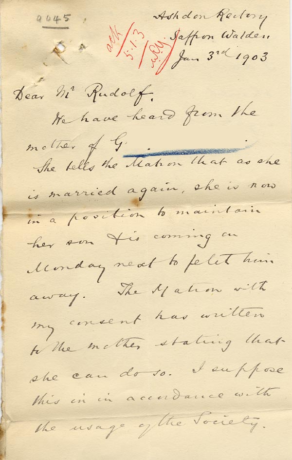Large size image of Case 9045 3. Letter from the All Saints Home about G. leaving and returning to his mother's care  3 January 1903
 page 1