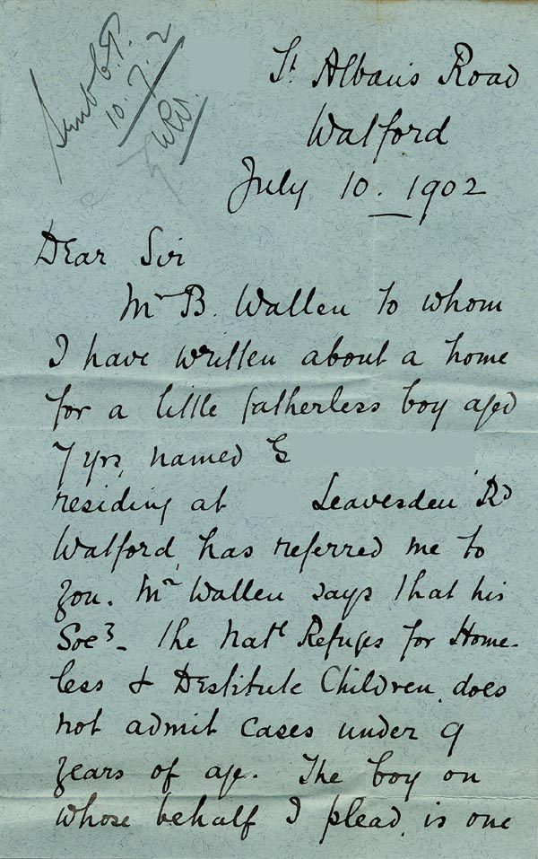 Large size image of Case 9288 2. Letter to the Waifs and Strays' Society enquiring about help for G's family  10 July 1902
 page 1