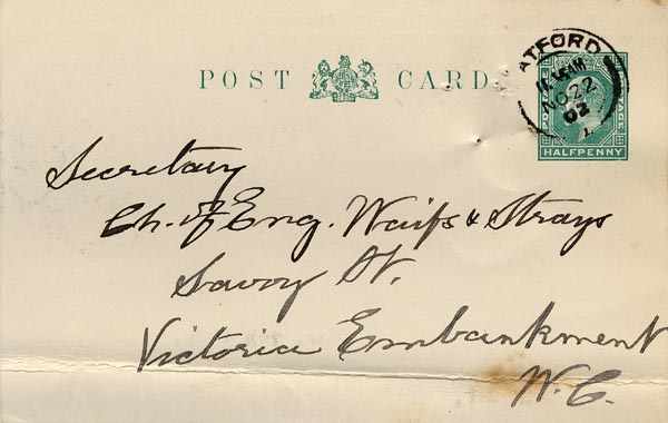 Large size image of Case 9288 5. Card from Revd R. announcing that G. had gone to the Home  22 November 1902
 page 1
