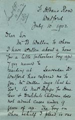 Image of Case 9288 2. Letter to the Waifs and Strays' Society enquiring about help for G's family  10 July 1902
 page 1