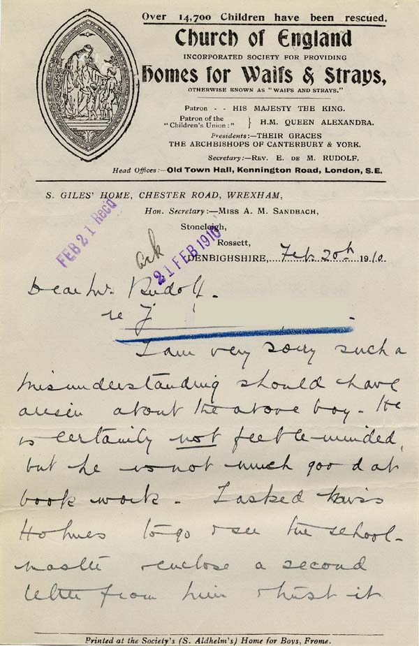 Large size image of Case 9308 17. Letter from St Giles Home stating that J. is not (quote)feeble minded(unquote)  20 February 1910
 page 1