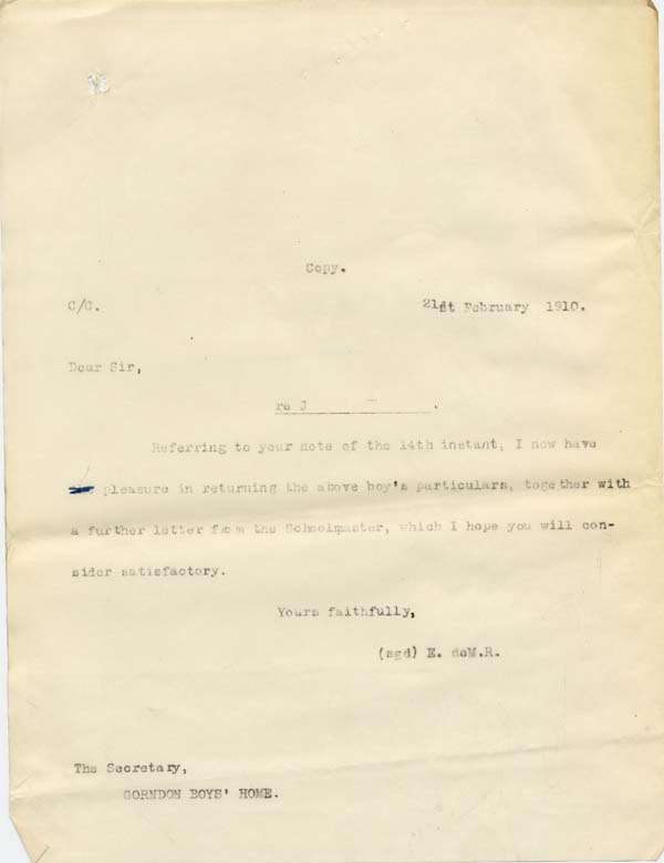 Large size image of Case 9308 18. Copy letter from Revd Edward Rudolf to the Gordon Boys Home giving them the information from the St Giles Home  21 February 1910
 page 1