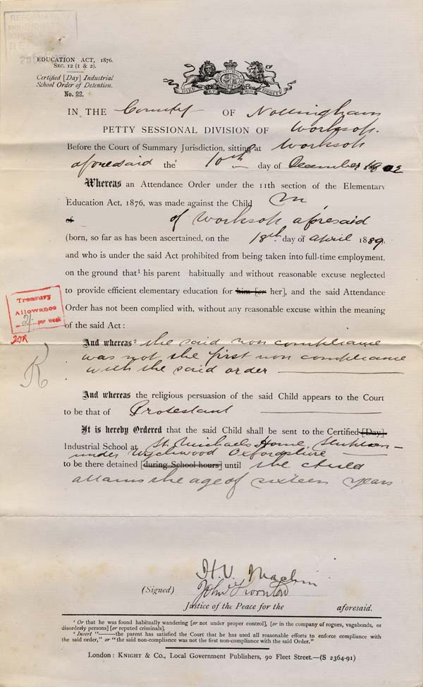 Large size image of Case 9315 12. Certified Industrial School Order of Detention for M.  10 December 1902
 page 1