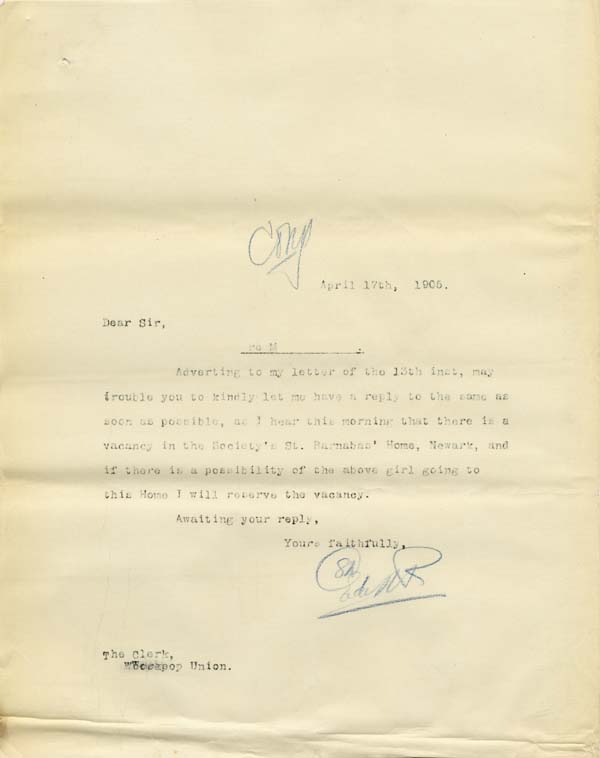 Large size image of Case 9315 18. Copy letter to the Worksop Union  17 April 1905
 page 1