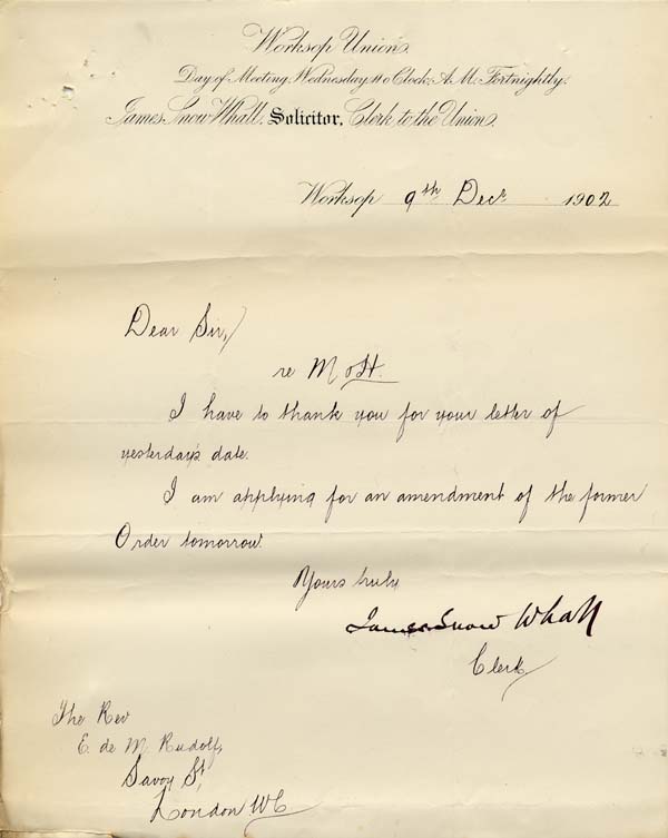 Large size image of Case 9316 9. Letter from the Worksop Union  9 December 1902
 page 1