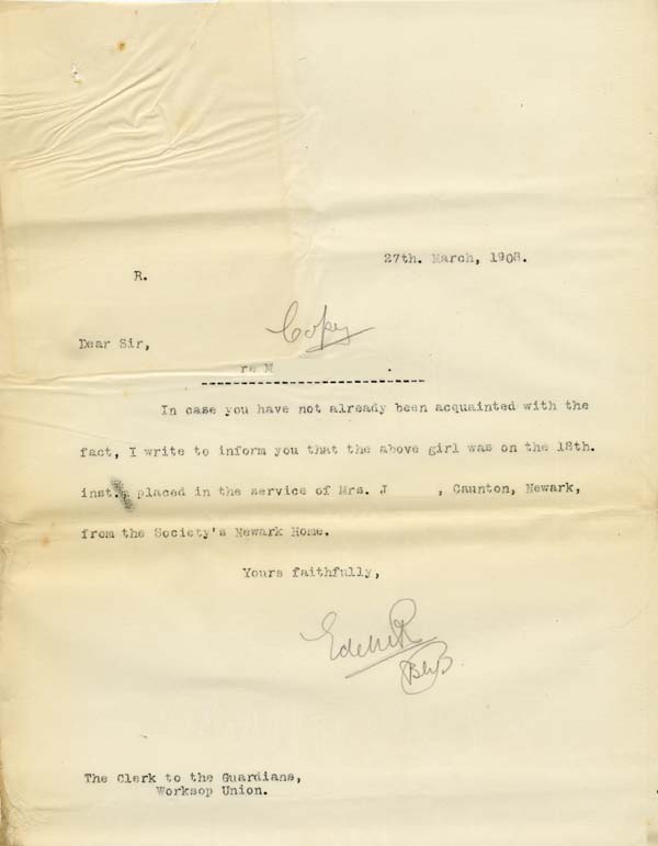 Large size image of Case 9316 34. Copy letter to the Worksop Union about M's discharge  27 March 1908
 page 1