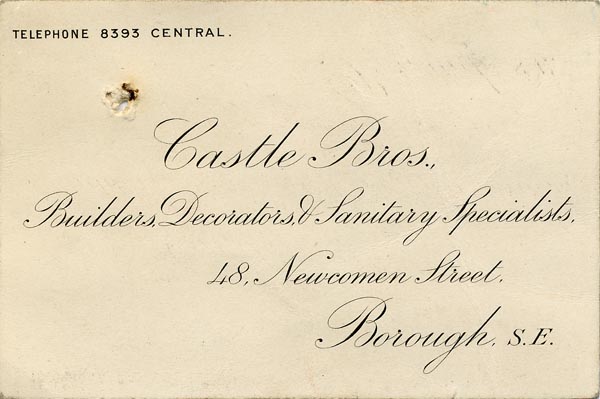 Image of Case 9402 4. Business card for Castle Brothers , Builders etc., of the Borough, Southwark
 page 1