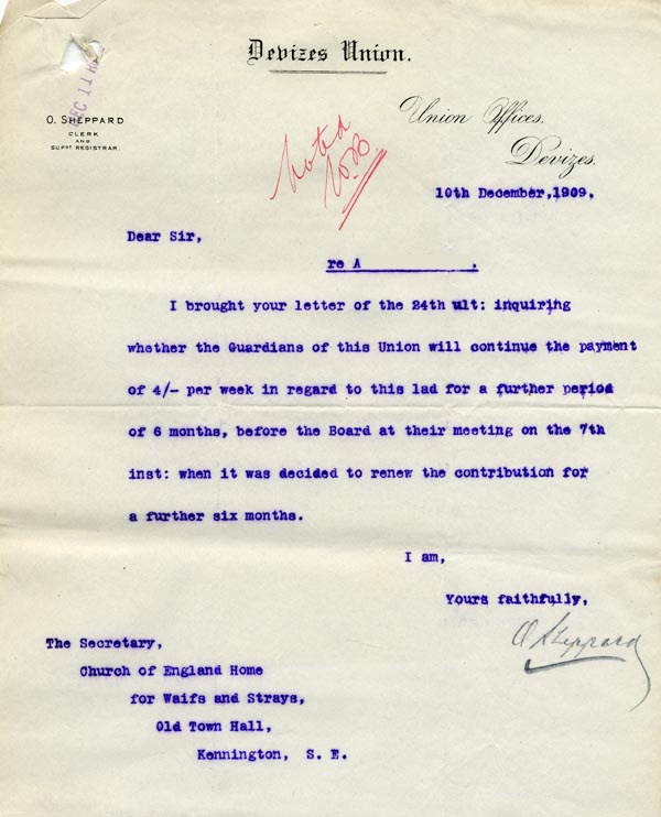 Large size image of Case 9498 18. Reply to above letter from the Devizes Union agreeing to continue payments  10 December 1909
 page 1