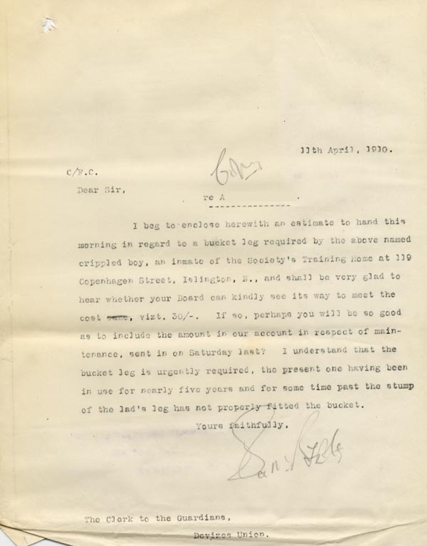 Large size image of Case 9498 21. Copy letter to the Devizes Union asking if they can meet the cost of the new leg  11 April 1910
 page 1