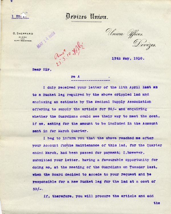 Large size image of Case 9498 24. Letter from the Devizes Union agreeing to pay for the bucket leg  13 May 1910
 page 1