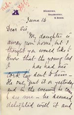 Image of Case 9498 63. Letter from Miss Peter's mother who had had a visit from A. wearing his new leg with which he (quote)seemed delighted(unquote)  16 June 1911
 page 1
