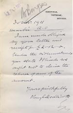Image of Case 9498 69. Letter from Mr Medlicott saying that he did not wish to have his contribution of £2 12/- refunded  30 November 1911
 page 1