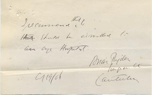 Large size image of Case 9603 4. Note from Dr Ryder recommending admission to an eye hospital  19 April 1906
 page 1