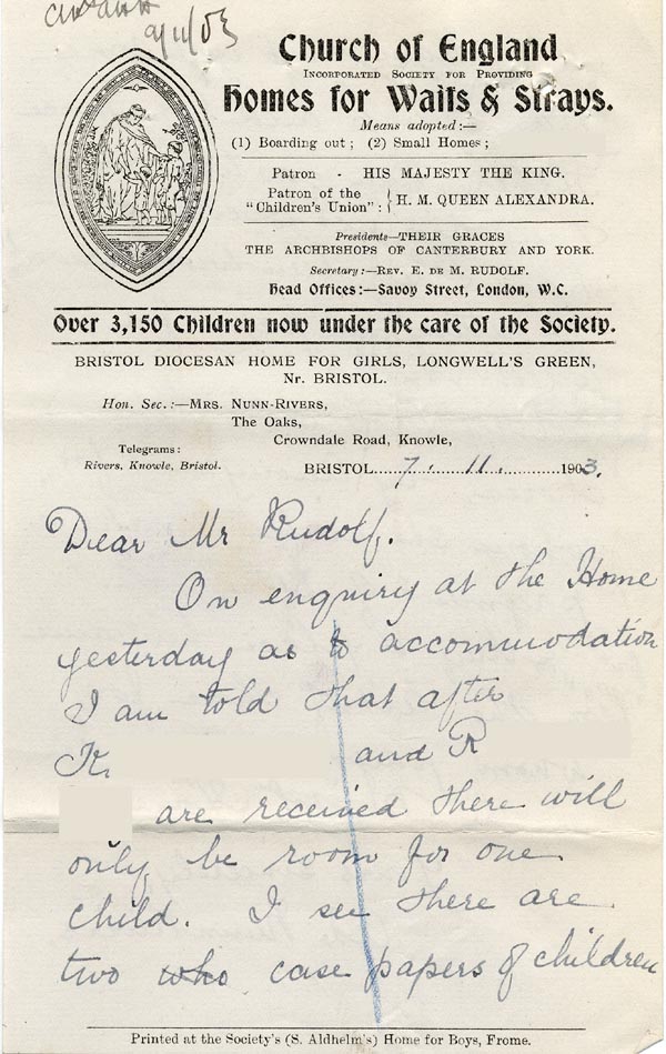 Large size image of Case 9838 2. Letter from Mrs Nunn-Rivers, the Honorary Secretary of the Bristol Home mentioning maintenance payments for M.  7 November 1911
 page 1