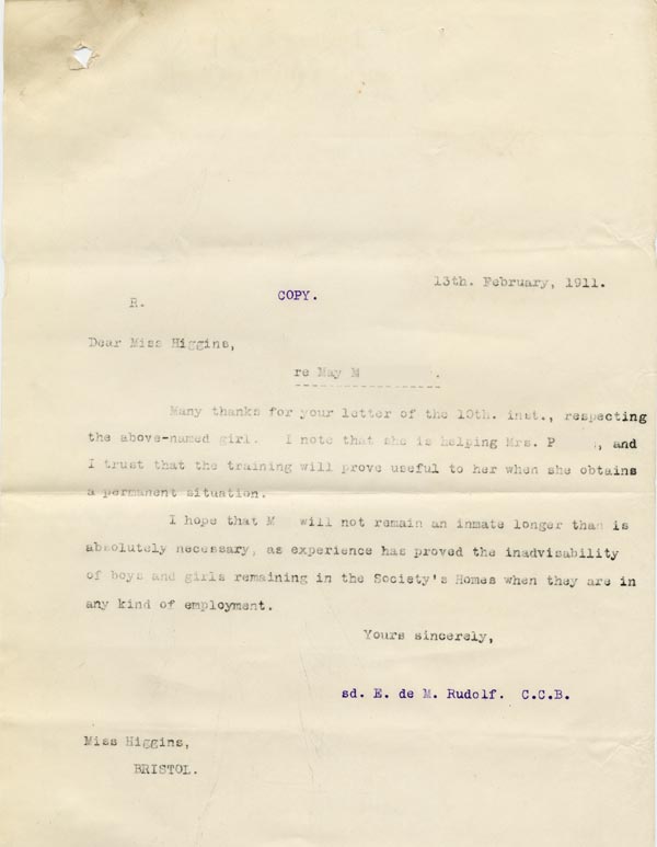 Large size image of Case 9838 6. Copy letter from Revd E. Rudolf replying to above letter  13 February 1911
 page 1