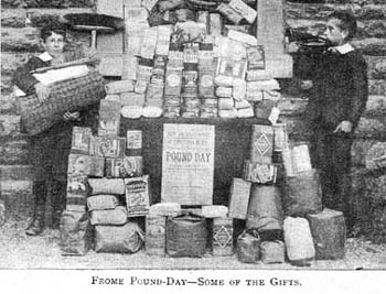 An impressive pile of donations for the Home's 'pound day'. Pound days were one of the ways homes raised funds and cemented links with the local community. They were called pound days because people were asked to donate either a pound in money or a pound in weight of something the home could use, such as material or foodstuffs.