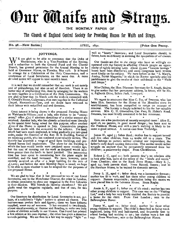 Our Waifs and Strays April 1892 - page 1