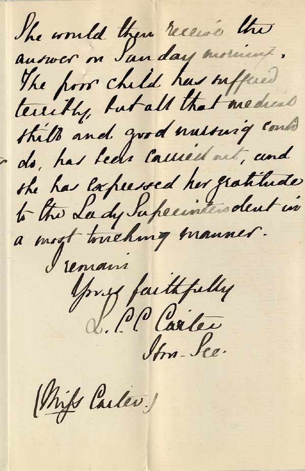 Large size image of Case 542 10. Letter from the Convalescent Home about the severity of F's illness  11 March 1892
 page 3