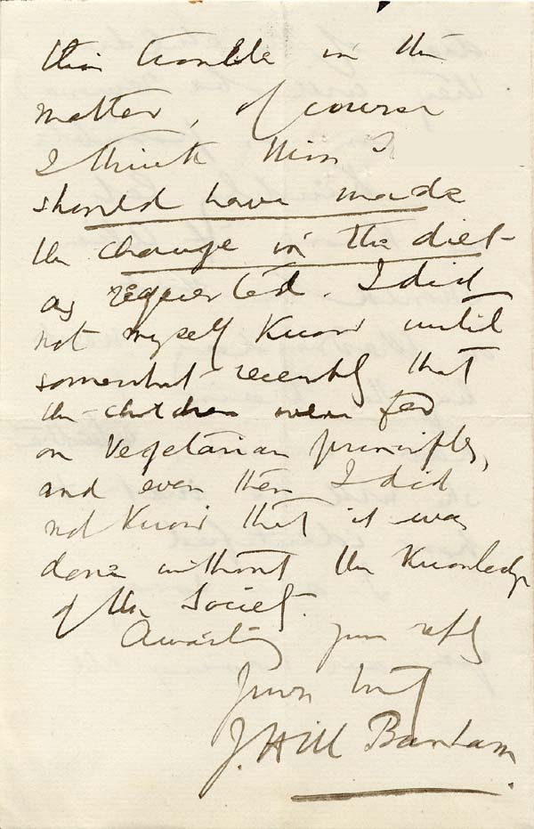 Large size image of Case 749 11. Letter from the Vicar of Keysoe concerning arrangements for A's journey to London and includes further discussion of the vegetarian diet provided by the foster mother  12 August 1892
 page 4