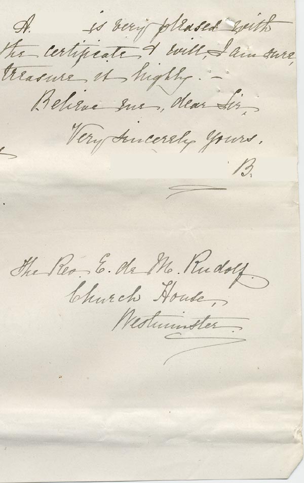 Large size image of Case 795 8. Letter from A's employer praising A. and saying that she is pleased with the long service certificate.  A's health is described as delicate  21 April 1899
 page 3