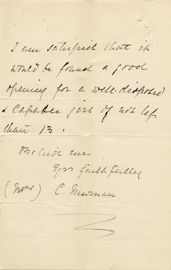 Large size image of Case 866 5. Letter from Mrs Newman enquiring about the possibility of obtaining the services of a girl to work at the Cottage Hospital, Axminster  19 December 1887
 page 3