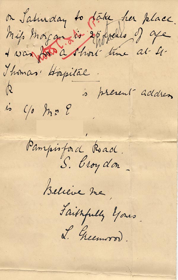 Image of Case 3821 18. Letter from the St Agnes Home 25 September 1901
 page 4