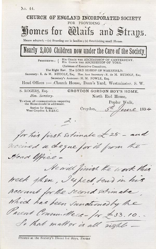 Large size image of Case 4314 2. Letter from S. Rogers, Honorary Secretary of the Gordon Boys Home, Croydon. [part of the letter appears to be missing]  5 June 1894
 page 5