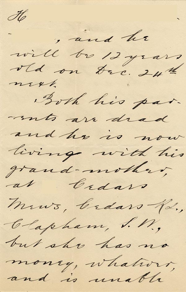 Large size image of Case 6537 2. Letter from Revd D. of St Saviour's, Clapham concerning H's circumstances  18 June 1898
 page 2