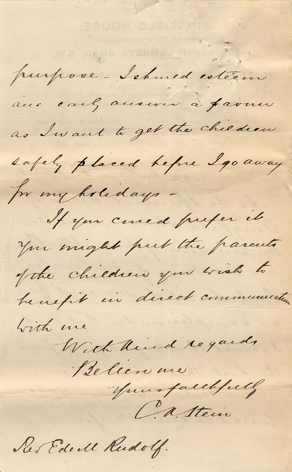 Large size image of Case 6537 5. Letter from Mr C.A. Stein, the Director of Wingfield House offering places to orphan boys  16 June 1900
 page 4