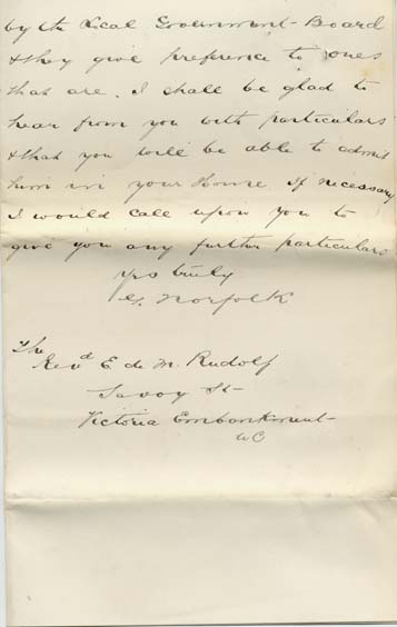 Large size image of Case 8455 3. Letter from Chertsey Poor Law authorities to the Revd E. Rudolf seeking J's admission to Hedgerley Farm Home  20 August 1901
 page 2