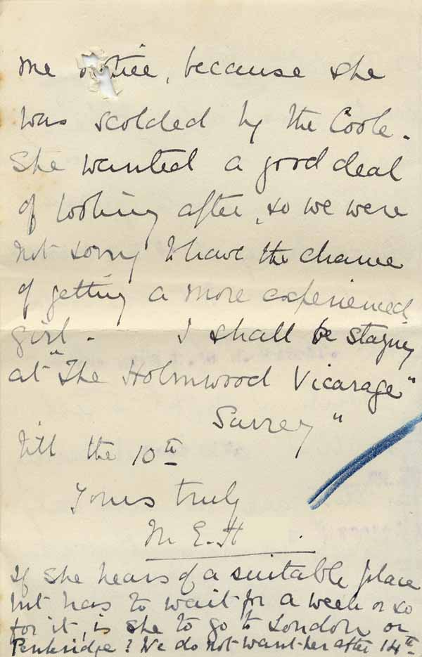 Large size image of Case 8625 18. Letter from E's employer saying that E. was not leaving in disgrace but had (quote)foolishly(unquote) given notice because she was scolded by the Cook  [June 1909]
 page 4