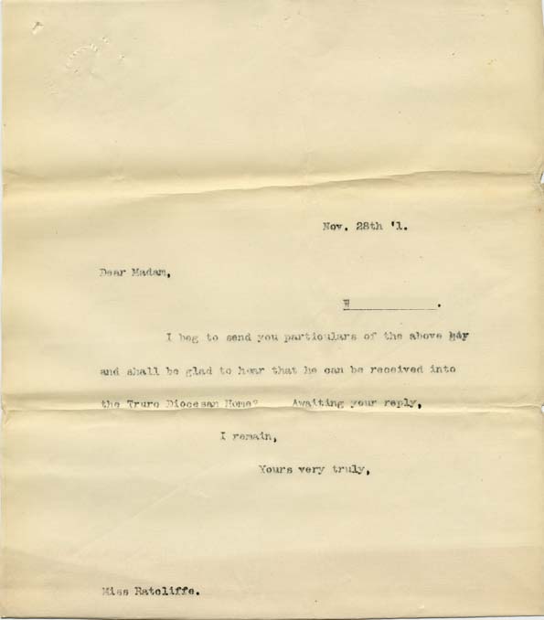 Large size image of Case 8723 5. Copy letter to Miss Ratcliffe, Honorary Secretary of the Helston Home  28 November 1901
 page 1