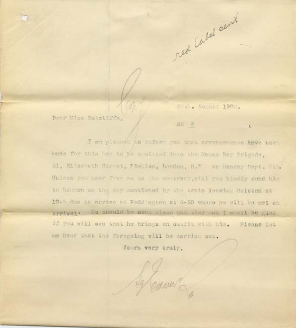 Large size image of Case 8723 17. Copy letter to Miss Ratcliffe letting her know the arrangements for W's transfer to London  28 August 1902
 page 1