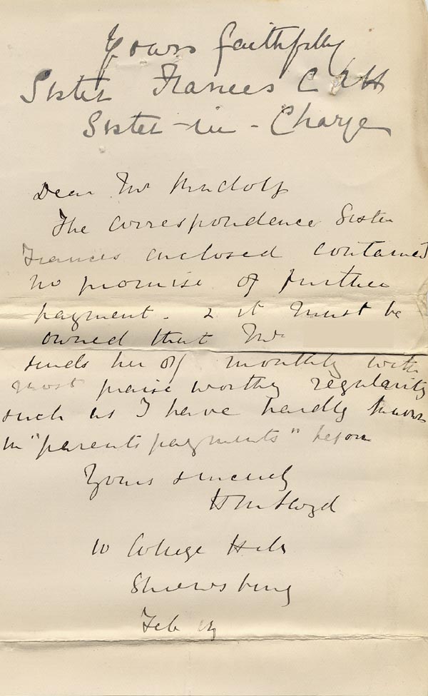 Large size image of Case 8790 10. Letter from Sister Frances with additional note from the Shrewsbury Home  18 February 1904
 page 3