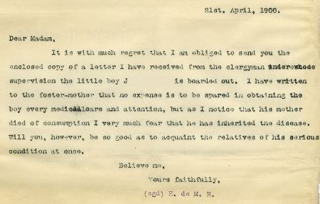 Letter from case file 6001 regarding a child with suspected case of tuberculosis